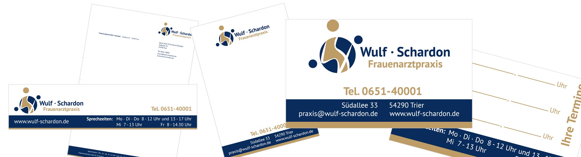 Ausschnitte Türschild, Geschäftspapier, Privatrezept, Visiten-/Terminkarte von Wulf & Schardon Frauenarztpraxis 